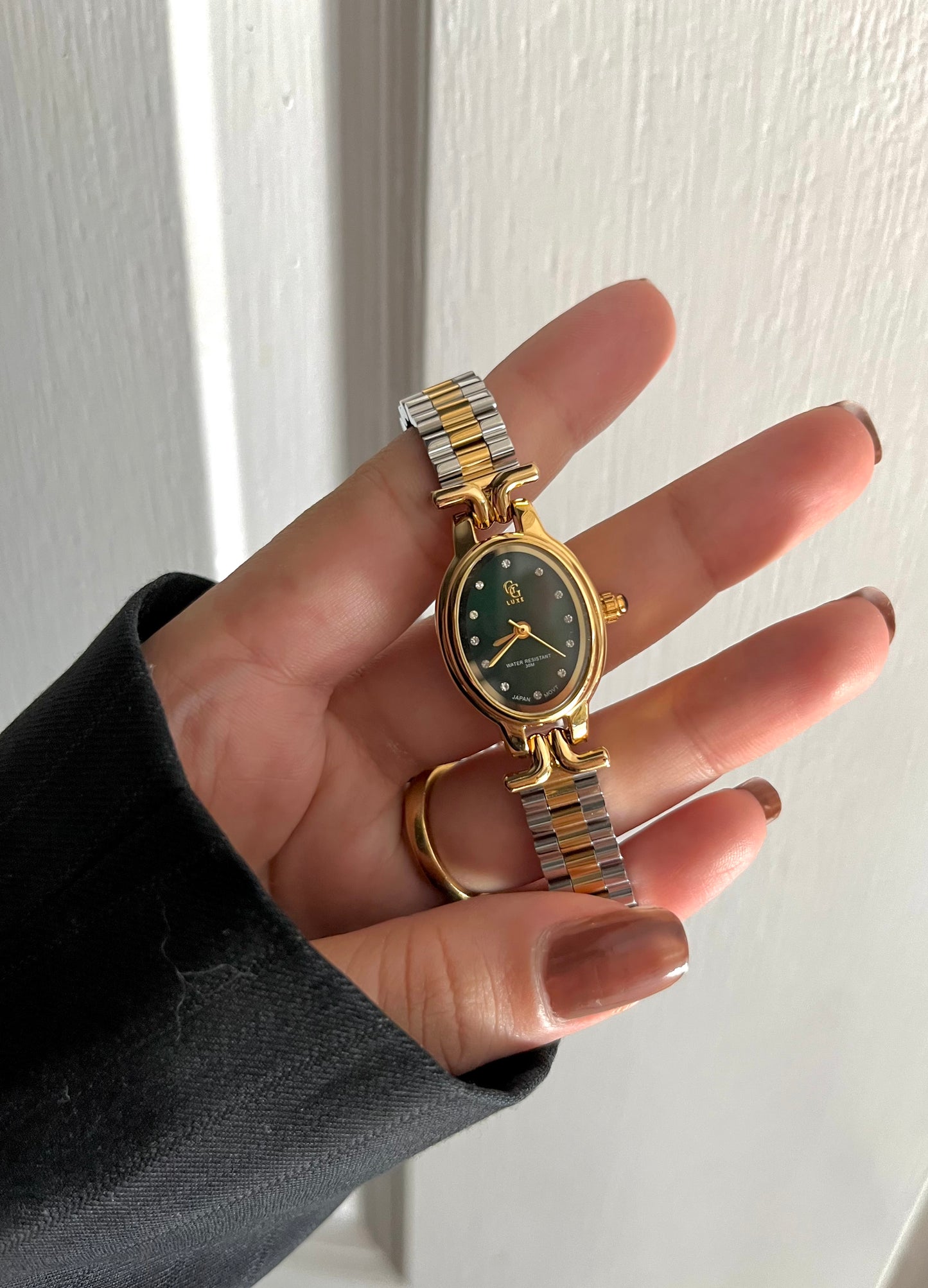 TWO TONE GREEN DIAL WATCH-water resistant stainless steel