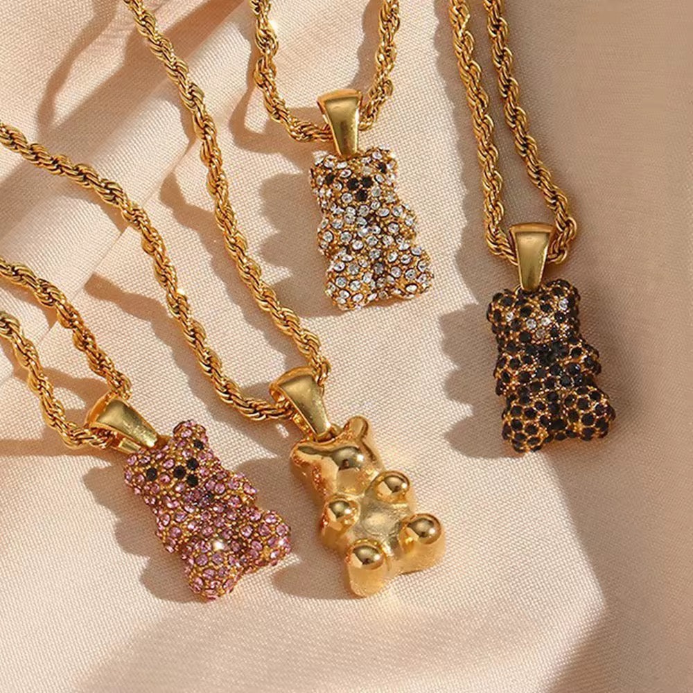 BEAR CHARM NECKLACE (Pink Stones)