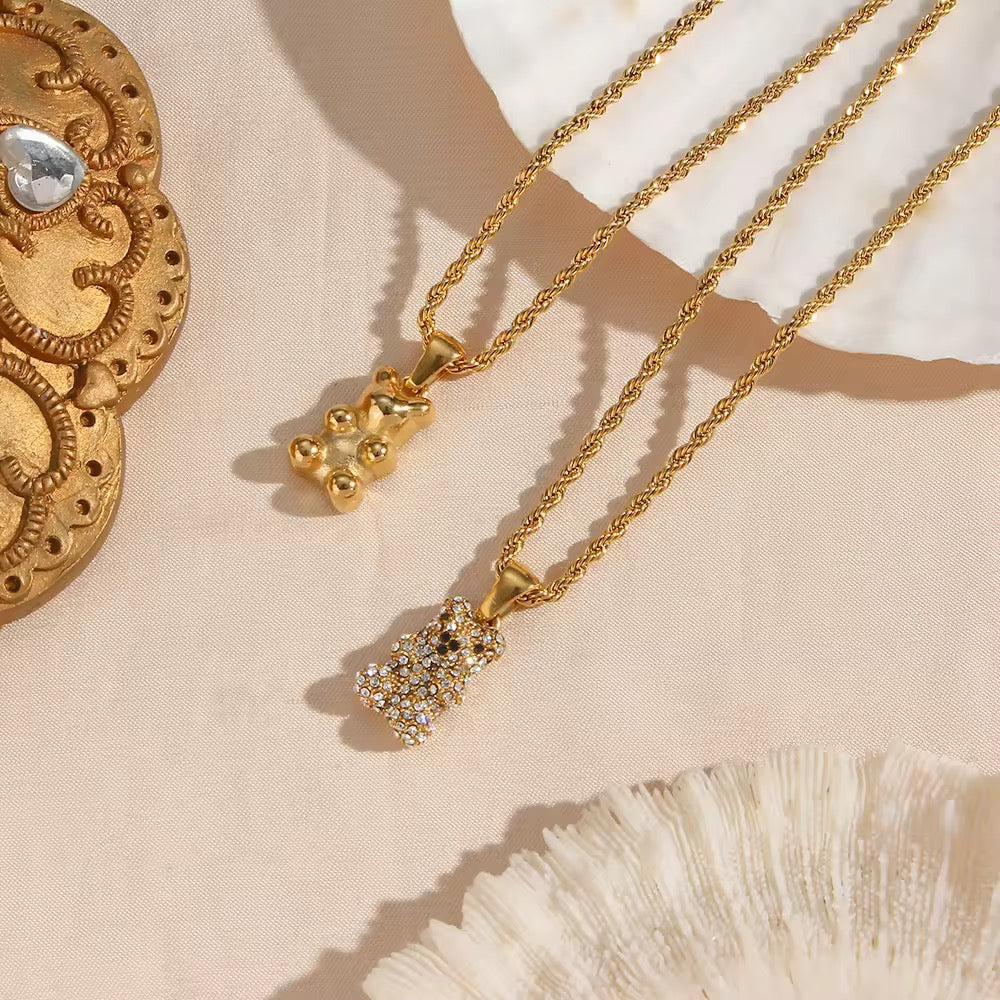 BEAR CHARM NECKLACE (White Stones)