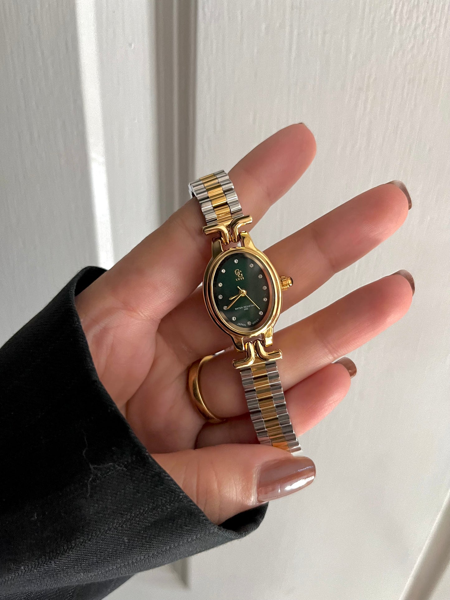 TWO TONE GREEN DIAL WATCH-water resistant stainless steel
