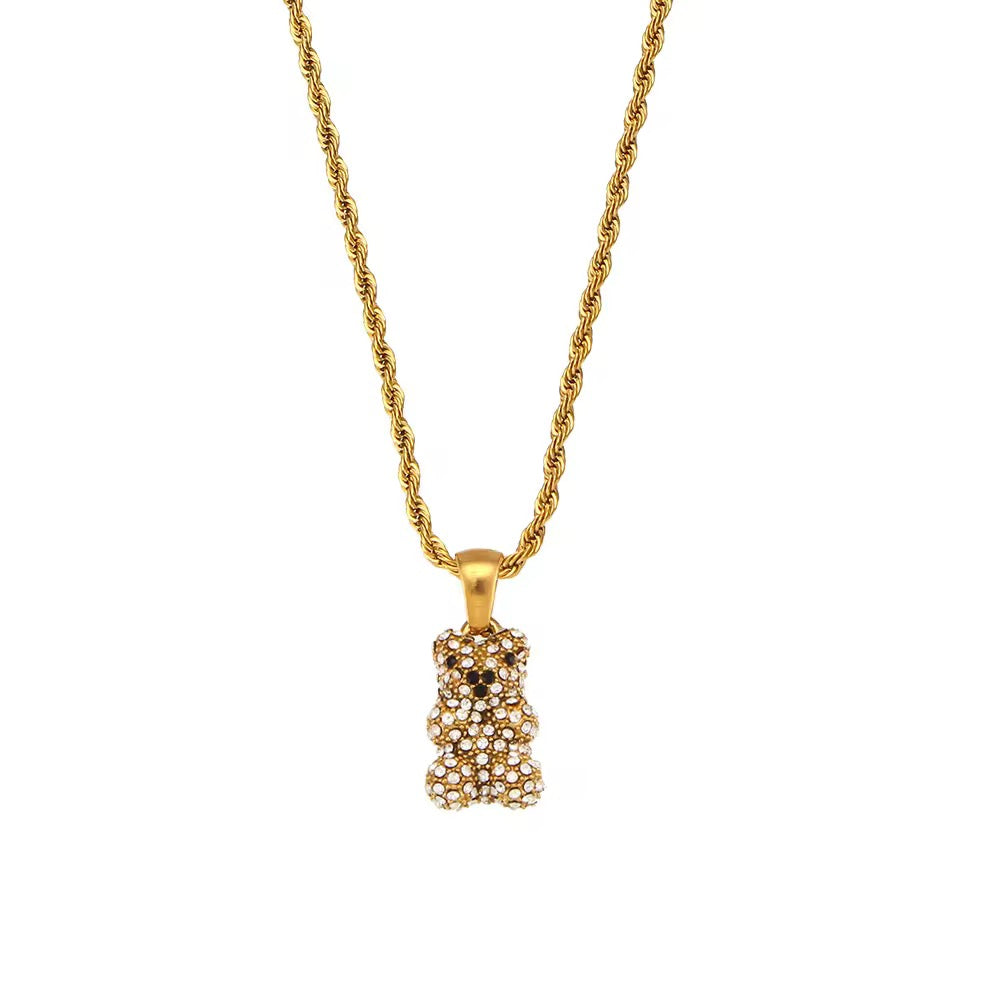 BEAR CHARM NECKLACE (White Stones)