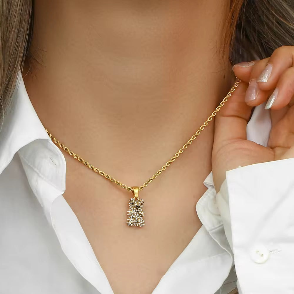 BEAR CHARM NECKLACE (White Stones)