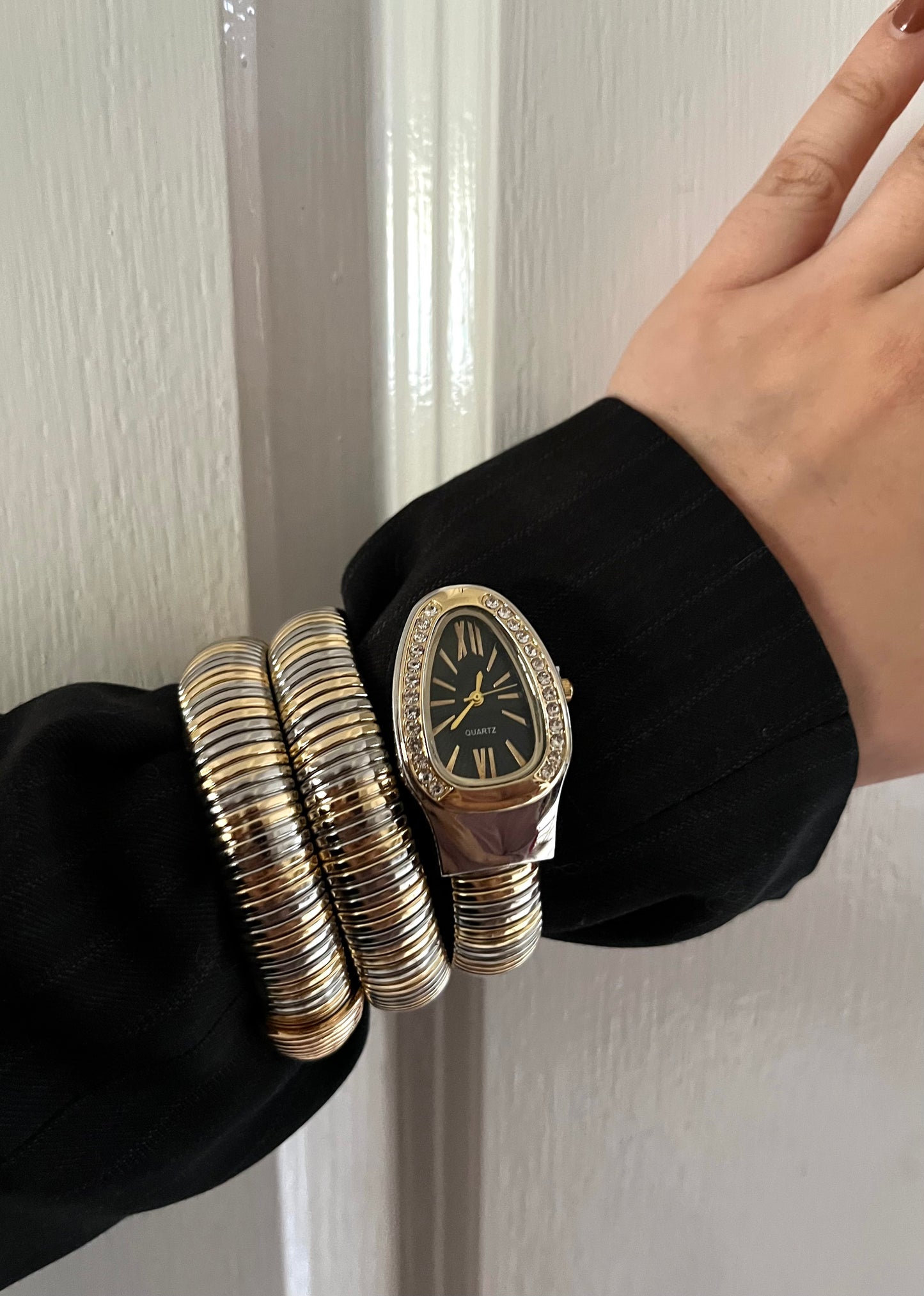 SERPENTINE CRYSTAL STUDDED TWO TONE WATCH-BLACK DIAL