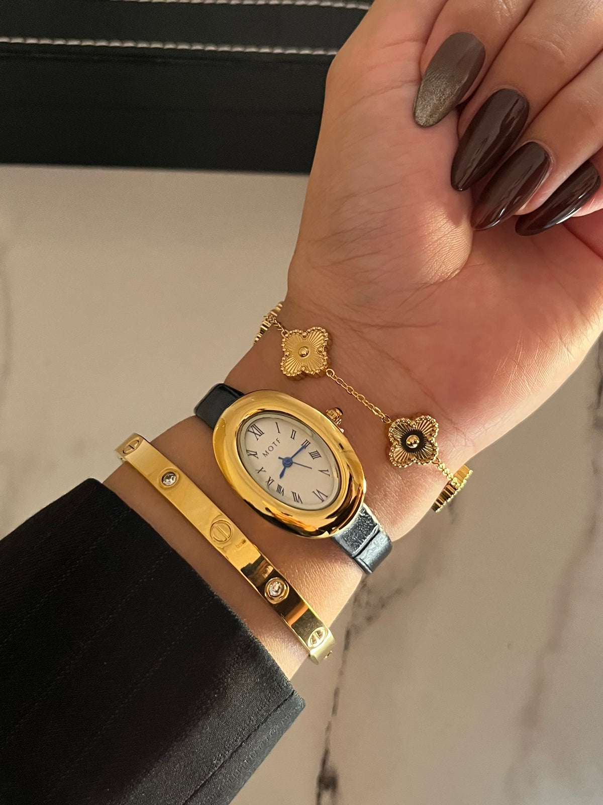 Leather Watch X clover cartier stack