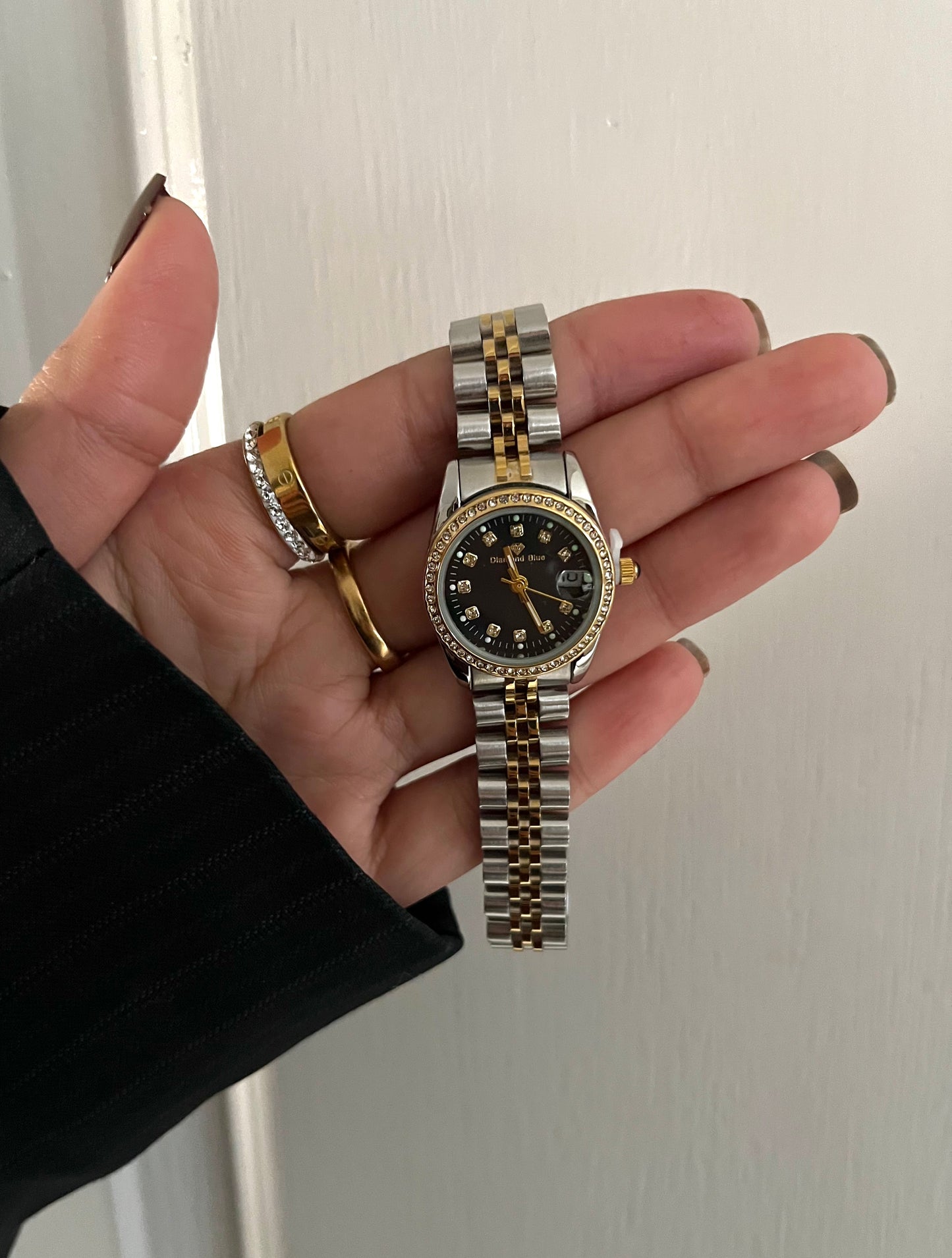 CRYSTAL STUDDED BLACK DAIL TWO-TONE WATCH