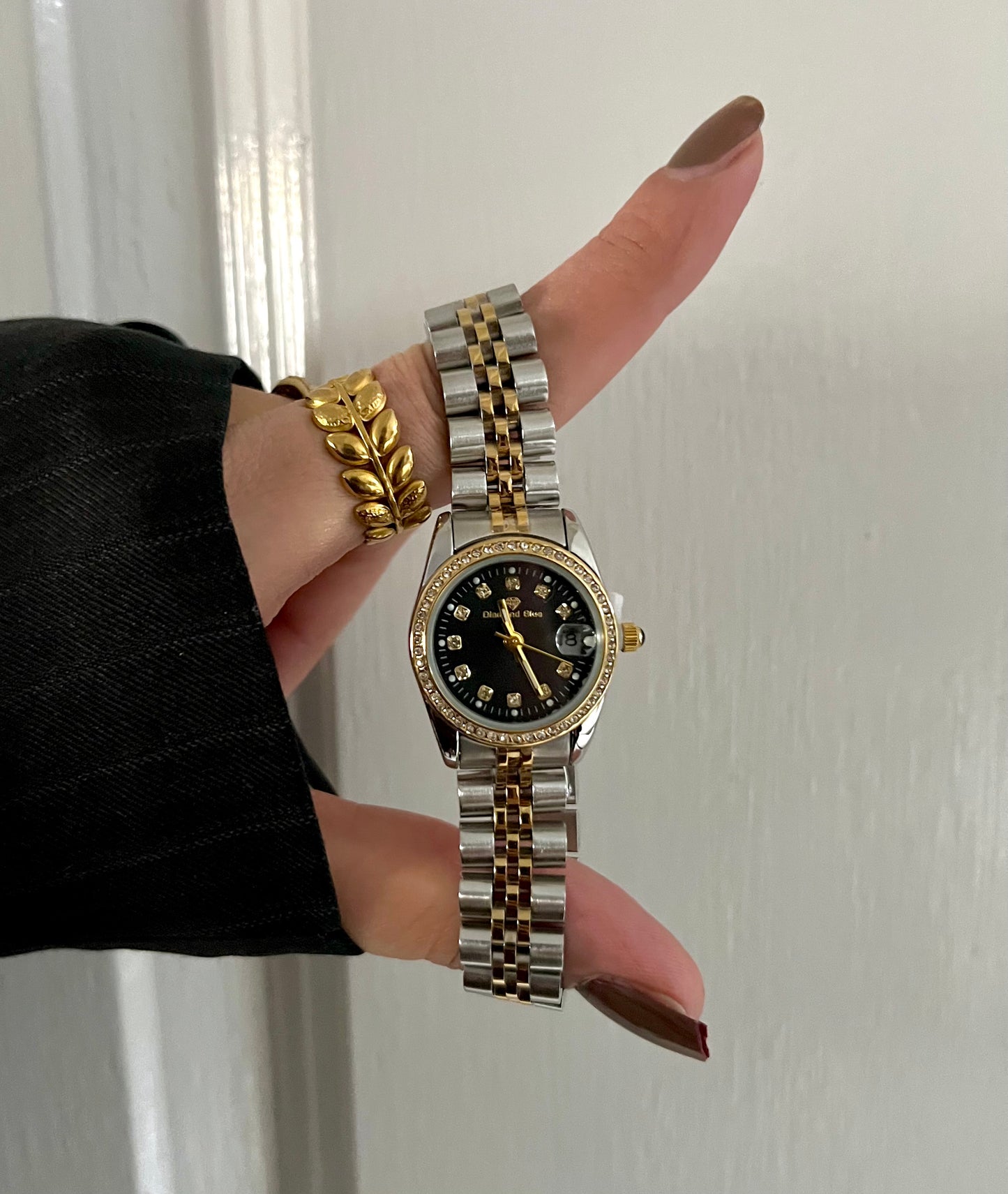 CRYSTAL STUDDED BLACK DAIL TWO-TONE WATCH