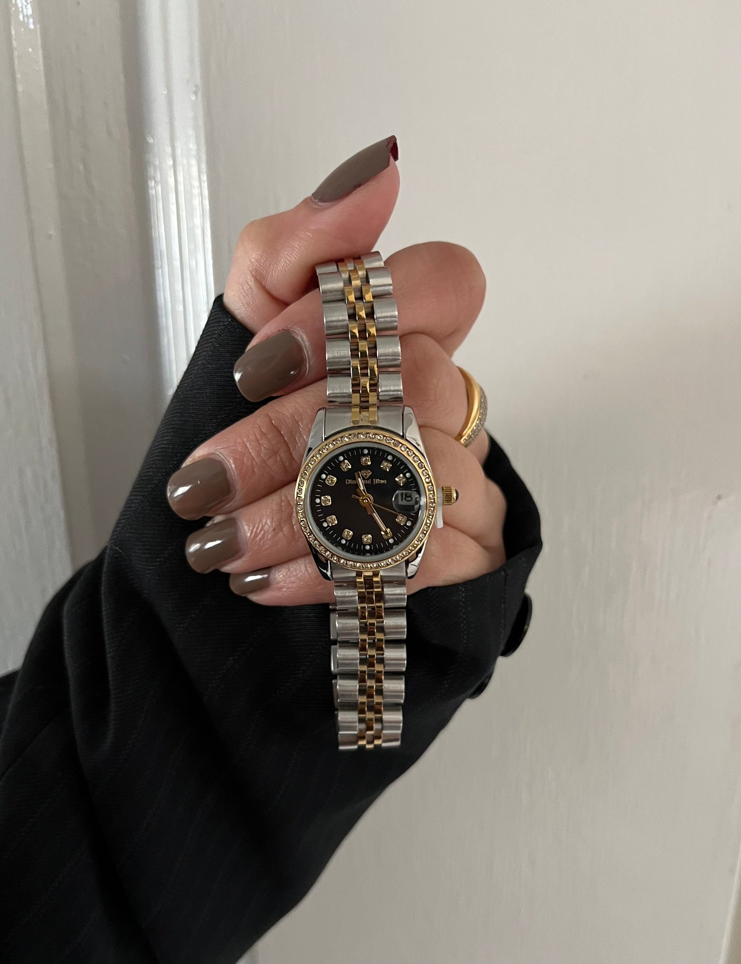 CRYSTAL STUDDED BLACK DAIL TWO-TONE WATCH