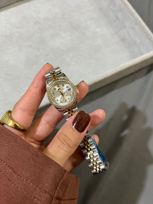 CRYSTAL STUDDED SILVER DAIL TWO-TONE WATCH