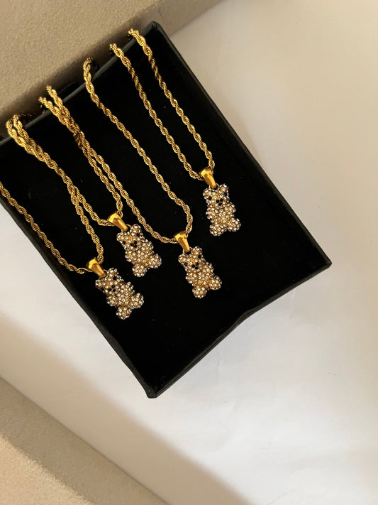 BEAR CHARM NECKLACE (White Stones)