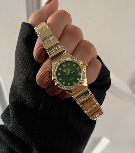Crystal Studded Green Dail Watch