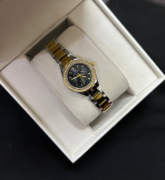 ✨CRYSTAL STUDED TWO TONE BLACK DIAL GOLD WATCH✨