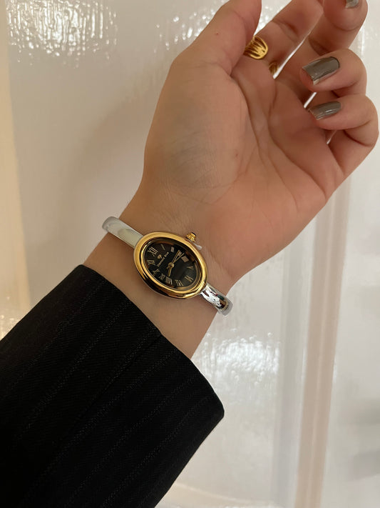 Vintage Oval Bangle Watch silver X black