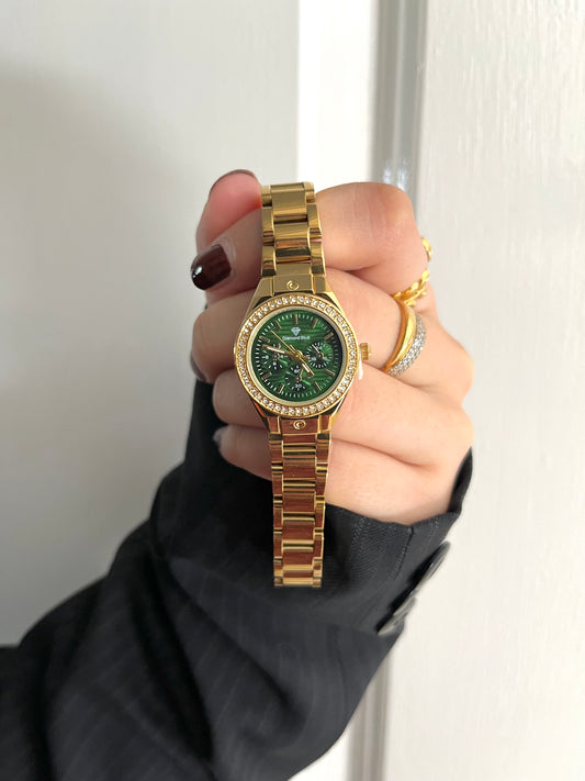 ✨CRYSTAL STUDED GREEN DIAL GOLD WATCH✨
