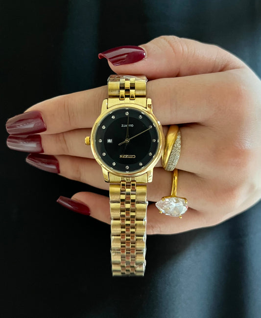 PREMIUM CITIZEN WATCH-CRYSTALS STUDDED- LUXURIOUS BLACK DIAL WITH DATE