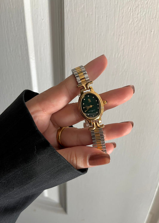TWO TONE GREEN DIAL WATCH-water resistant stainless steel
