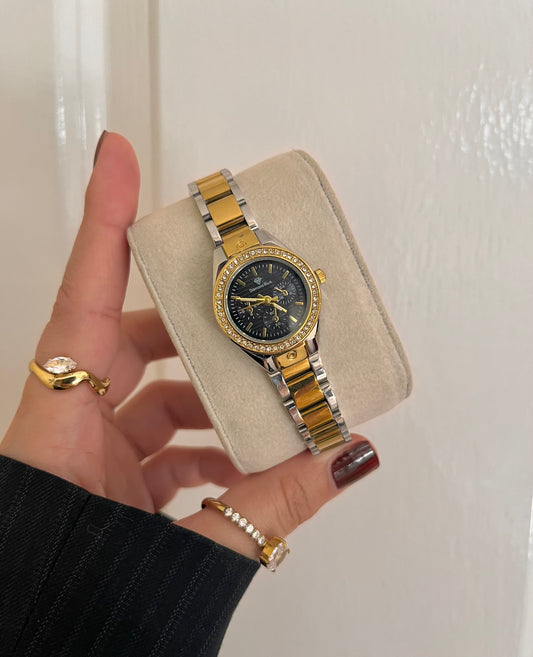 ✨CRYSTAL STUDED TWO TONE BLACK DIAL GOLD WATCH✨