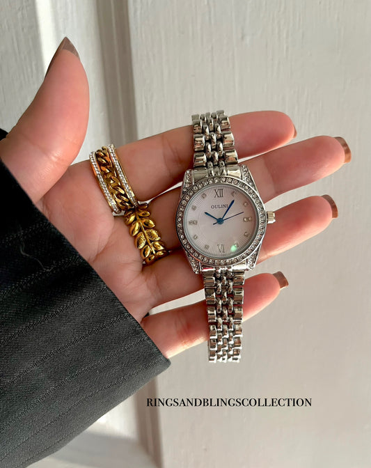 CRYSTAL STUDDED SILVER WATCH