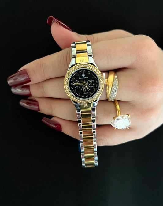 ✨CRYSTAL STUDED TWO TONE BLACK DIAL GOLD WATCH✨