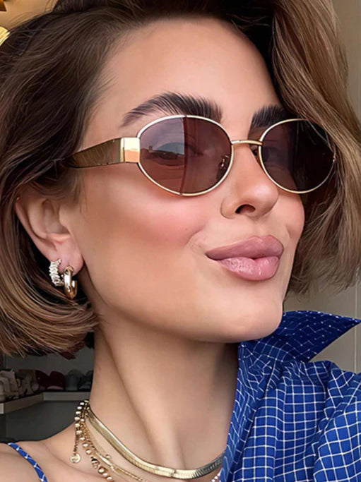 SHEIN METAL RETRO WOMEN OVAL SHADES-Brown Lens