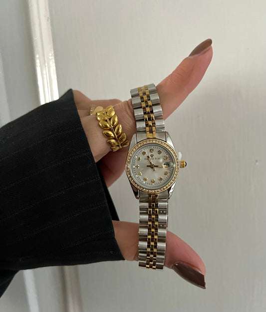 CRYSTAL STUDDED SILVER DAIL TWO-TONE WATCH