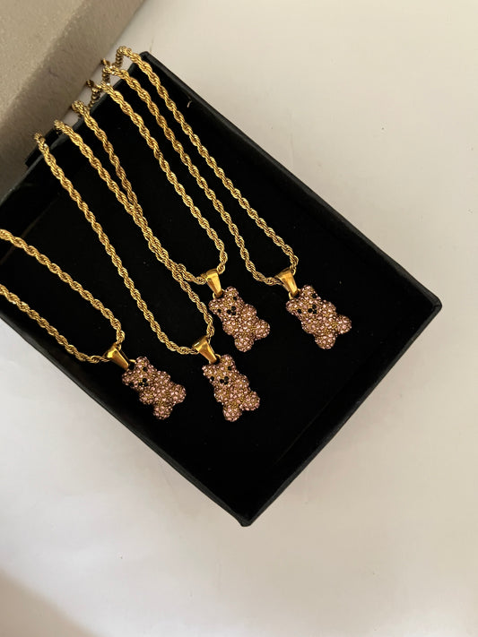 BEAR CHARM NECKLACE (Pink Stones)