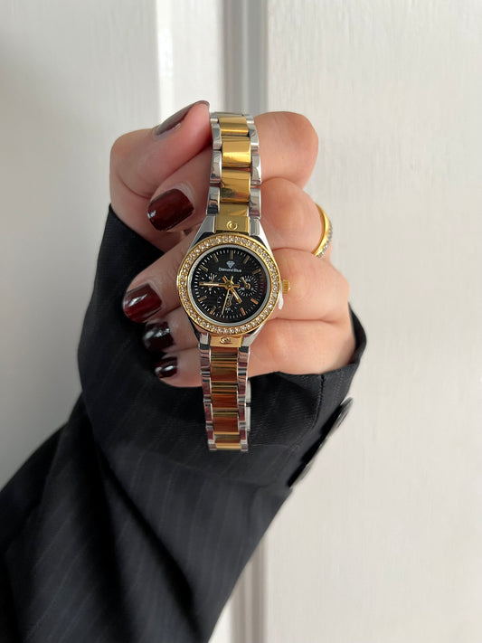 ✨CRYSTAL STUDED TWO TONE BLACK DIAL GOLD WATCH✨
