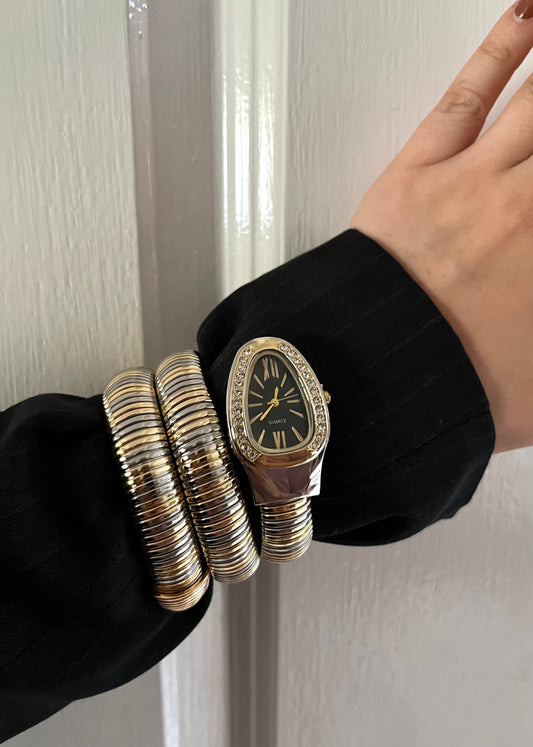 SERPENTINE CRYSTAL STUDDED TWO TONE WATCH-BLACK DIAL