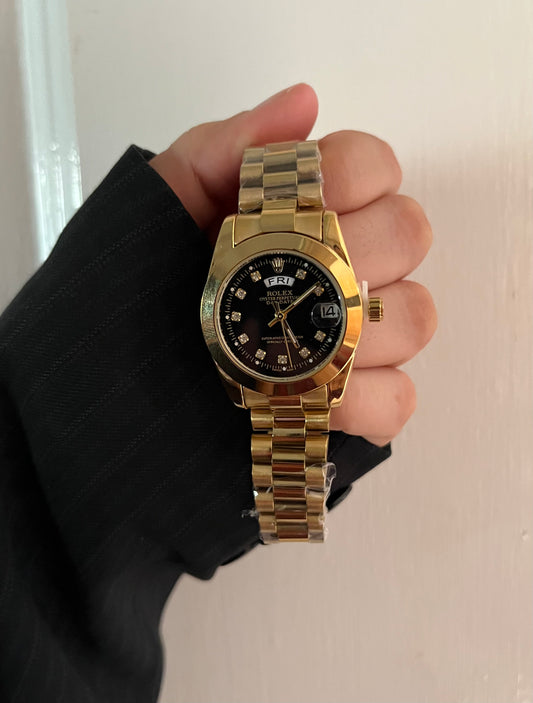 CRYSTAL STUDDED ROLEX WATCH BLACK DAIL